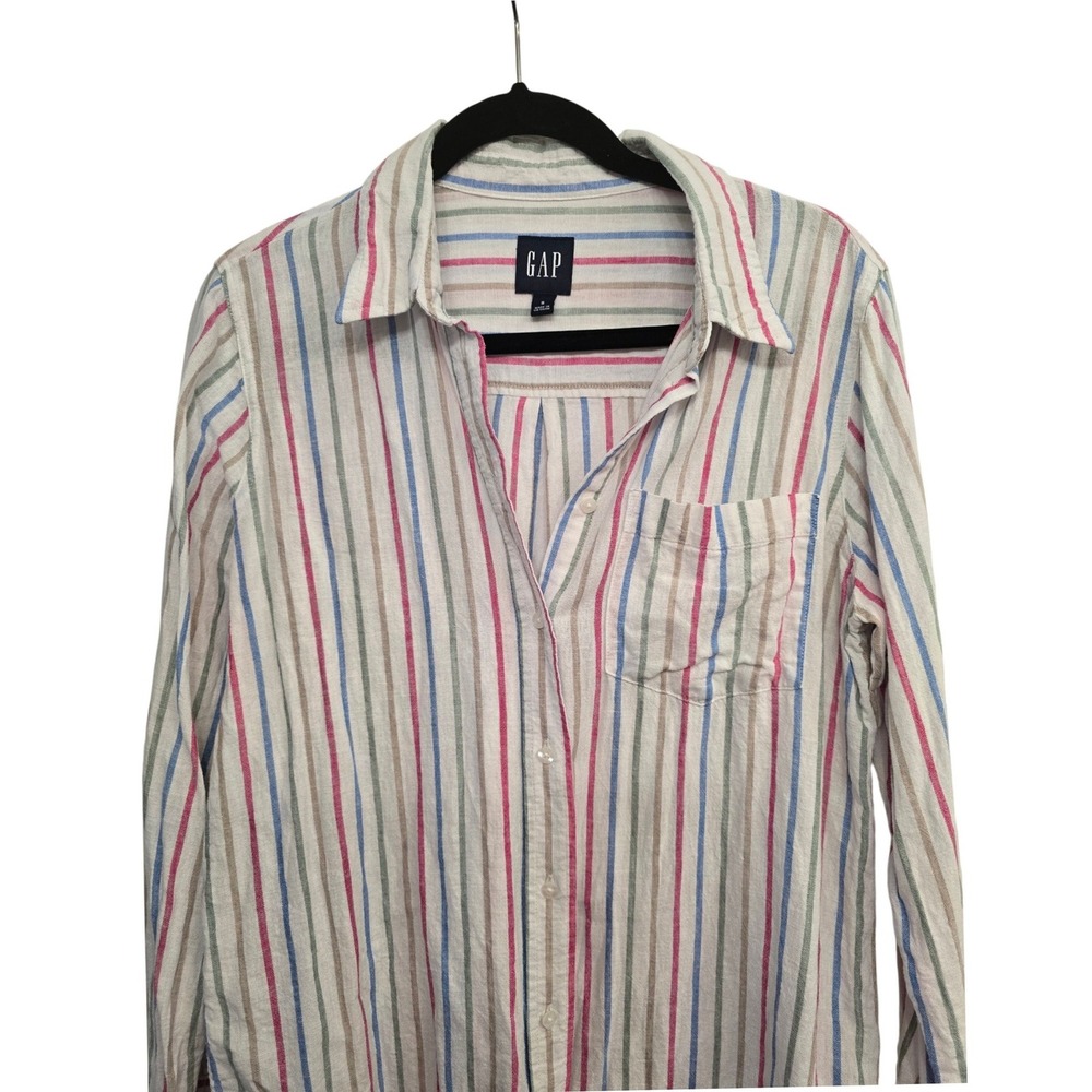 GAP Linen Rayon Striped Button Up Shirt Women's Small Coastal Preppy Cottage - Picture 4 of 7
